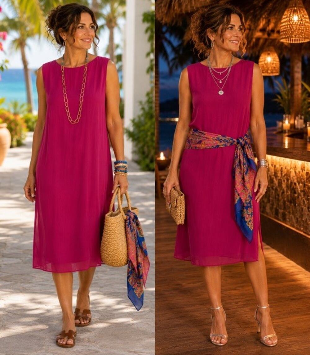 Eileen Fisher Silk Georgette Pink Midi Dress Bateau Neck Sleeveless XL 18 NWT 2X